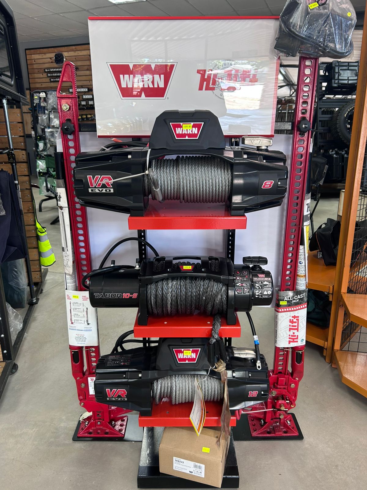 WARN Winches Display - Premium WARN winches including VR EVO and TABOR models with synthetic rope available at Audio Sat 4x4 store in Louis Trichardt